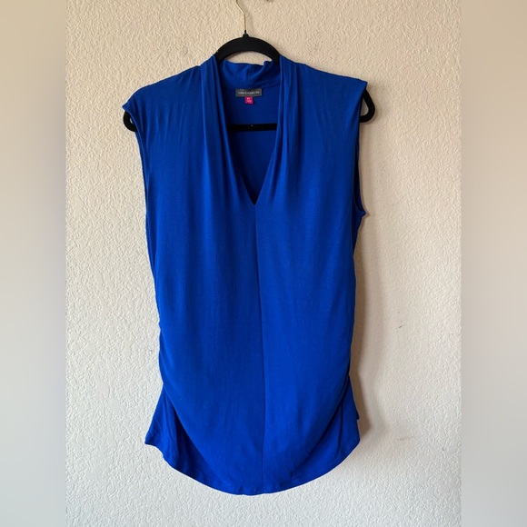 Vince Camuto women’s royal blue XL sleeveless‎ vneck  blouse w side rusching - Picture 1 of 7
